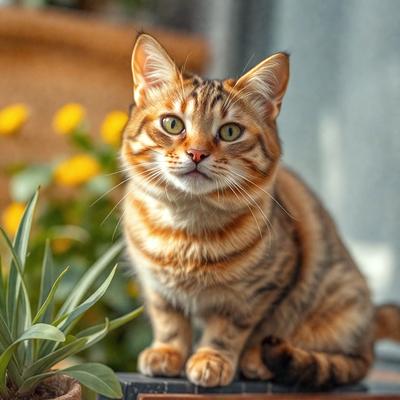 The primary subject of the image is a cat sitting on a surface, possibly a table or a ledge. The cat is looking at the camera, and it appears to be a close-up shot. The setting is indoors, with a potted plant visible in the background. The visual style is a photo, and the colors and mood are warm and inviting.